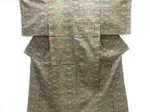 幾何学に抽象花模様織り出し手織り紬着物